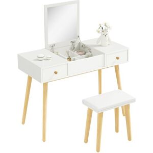 HOMCOM Coiffeuse avec Miroir et Tabouret, Table de Maquillage avec 2 tiroirs et Miroir Rabattable, Coussin rembourré, Bureau Coiffeuse, 100 x 45 x 118 cm, Blanc - Publicité HOMCOM Coiffeuse avec Miroir et Tabouret, Table de Maquillage avec 2 tiroirs et Miroir Rabattable, Coussin rembourré, Bureau Coiffeuse, 100 x 45 x 118 cm, Blanc - Publicité