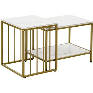 HOMCOM Lot de 2 Tables Basses gigognes carrés Plateau Blanc Aspect marbre et Pied en métal doré - Publicité