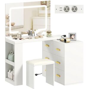 HOMCOM Coiffeuse avec miroir et tabouret, éclairage LED réglable 3 couleurs, 2 USB ports et 2 prises, table de maquillage modulable avec 6 tiroirs à fermeture douce, 2 étagères, siège rembourré, blanc - Publicité HOMCOM Coiffeuse avec miroir et tabouret, éclairage LED réglable 3 couleurs, 2 USB ports et 2 prises, table de maquillage modulable avec 6 tiroirs à fermeture douce, 2 étagères, siège rembourré, blanc - Publicité