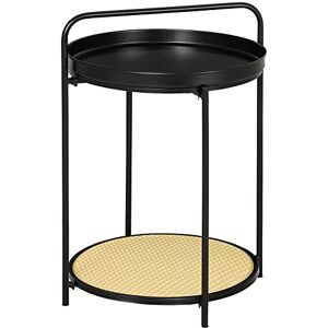 HOMCOM Table d'appoint Ronde Bout de canapé avec Plateaux Amovibles en métal et Effet cannage avec poignée dim. 43,5L x 42,5l x 60H cm - Publicité