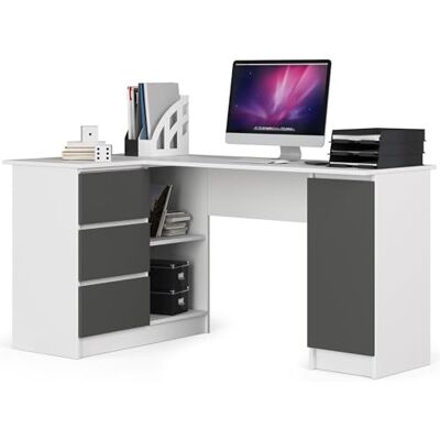 AKORD Bureau d'angle B-20 avec 3 tiroirs, 2 étagères et Une étagère avec Porte Gauche ou Droite, 155 x 77 x 85, 60 kg Blanc/Gris Graphite - Publicité AKORD Bureau d'angle B-20 avec 3 tiroirs, 2 étagères et Une étagère avec Porte Gauche ou Droite, 155 x 77 x 85, 60 kg Blanc/Gris Graphite - Publicité