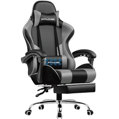 GTPLAYER Chaise de Jeu, Ergonomique, avec Repose-Pieds, appuie-tête, Coussin Lombaire rembourré, pivotant, Supporte 150 kg, Gris - Publicité GTPLAYER Chaise de Jeu, Ergonomique, avec Repose-Pieds, appuie-tête, Coussin Lombaire rembourré, pivotant, Supporte 150 kg, Gris - Publicité