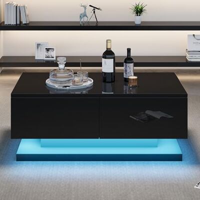BTM Table Basse Noire laquée Brillante de 90 x 50 x 38 cm, Console avec 2 tiroirs, équipée d'un éclairage LED d'ambiance contrôlable Via Une Application Mobile. Publicité BTM Table Basse Noire laquée Brillante de 90 x 50 x 38 cm, Console avec 2 tiroirs, équipée d'un éclairage LED d'ambiance contrôlable Via Une Application Mobile. Publicité