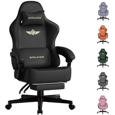 GTPLAYER Chaise de Gaming Respirante Ergonomique Simili Cuir de qualité supérieure Chaise Ergonomique en Polycarbonate Dossier réglable à 160° et Repose-Pieds Extensible Charge 180 kg-Noir - Publicité GTPLAYER Chaise de Gaming Respirante Ergonomique Simili Cuir de qualité supérieure Chaise Ergonomique en Polycarbonate Dossier réglable à 160° et Repose-Pieds Extensible Charge 180 kg-Noir - Publicité