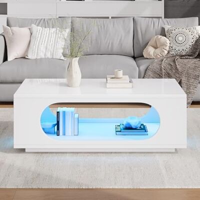 Merax Table Basse LED Blanc 100 x 50 x 35 cm, Table de Salon Brillante avec Rangement, Table Basse Moderne avec Éclairage LED, Meuble TV d’Appoint avec Gestion des Câbles - Publicité Merax Table Basse LED Blanc 100 x 50 x 35 cm, Table de Salon Brillante avec Rangement, Table Basse Moderne avec Éclairage LED, Meuble TV d’Appoint avec Gestion des Câbles - Publicité
