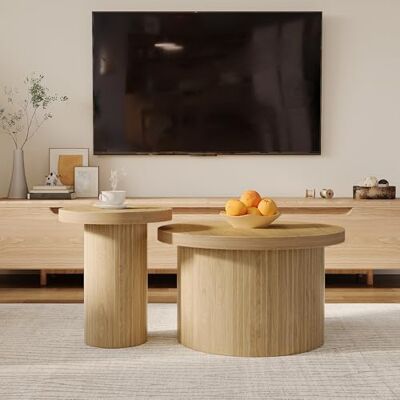 BTM Table Basse, Deux Tables Rondes, Table D’Appoint avec Lattes en Bois Naturel – Table De Salon Multifonctionnelle - Publicité BTM Table Basse, Deux Tables Rondes, Table D’Appoint avec Lattes en Bois Naturel – Table De Salon Multifonctionnelle - Publicité
