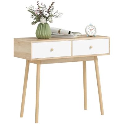 HOMCOM Console meuble, table console, console entrée style moderne, table d'entrée étroite avec 2 tiroirs et pieds en bois, bout de canapé, pour salon, entrée, couloir, 86 x 35 x 75 cm, chêne et blanc - Publicité HOMCOM Console meuble, table console, console entrée style moderne, table d'entrée étroite avec 2 tiroirs et pieds en bois, bout de canapé, pour salon, entrée, couloir, 86 x 35 x 75 cm, chêne et blanc - Publicité