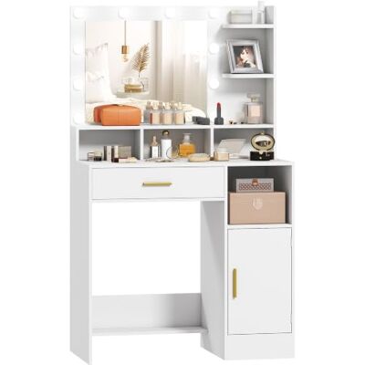 HOMCOM Coiffeuse avec Miroir LED, 10 Lumières 3 Couleurs Réglables, Blanc Table de Maquillage Moderne, Grand Miroir, Tiroir, Placard, Étagères Ouvertes, pour Chambre à Coucher - Publicité HOMCOM Coiffeuse avec Miroir LED, 10 Lumières 3 Couleurs Réglables, Blanc Table de Maquillage Moderne, Grand Miroir, Tiroir, Placard, Étagères Ouvertes, pour Chambre à Coucher - Publicité