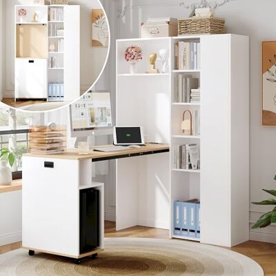Merax Bureau pliable avec étagère, bibliothèque 2 en 1 et table de travail avec prise et USB, étagères réglables en hauteur, bureau d'angle peu encombrant avec protection anti-basculement, montage - Publicité Merax Bureau pliable avec étagère, bibliothèque 2 en 1 et table de travail avec prise et USB, étagères réglables en hauteur, bureau d'angle peu encombrant avec protection anti-basculement, montage - Publicité