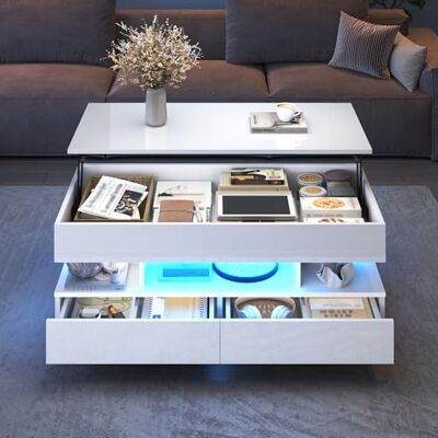BTM Table Basse Plateau Relevable Réglable en Hauteur 100×50×45 À 58,5Cm Haut Brillant avec Éclairage LED Et Rangement, Charge Max 50Kg Salon - Publicité BTM Table Basse Plateau Relevable Réglable en Hauteur 100×50×45 À 58,5Cm Haut Brillant avec Éclairage LED Et Rangement, Charge Max 50Kg Salon - Publicité