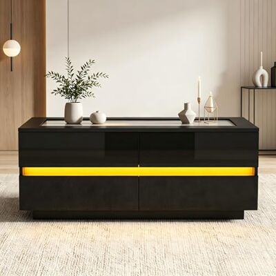 BTM Table Basse Noire 100x50x40cm, Plateau Verre trempé, Finition Haut Brillant, 4 tiroirs avec éclairage LED, Panneau de Particules Charge maximale 35kg - Publicité BTM Table Basse Noire 100x50x40cm, Plateau Verre trempé, Finition Haut Brillant, 4 tiroirs avec éclairage LED, Panneau de Particules Charge maximale 35kg - Publicité