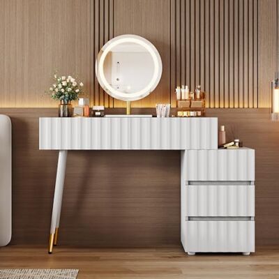 BTM Coiffeuse avec Miroir LED et éclairage Ensemble de Coiffeuse Blanc pour Chambre à Coucher avec 5 tiroirs spacieux Dimensions : L100/H127/P40 cm (sans Tabouret) - Publicité BTM Coiffeuse avec Miroir LED et éclairage Ensemble de Coiffeuse Blanc pour Chambre à Coucher avec 5 tiroirs spacieux Dimensions : L100/H127/P40 cm (sans Tabouret) - Publicité