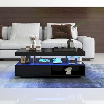 BTM Table Basse LED Moderne, Table Basse carrée avec avec 4 Plateaux en Verre, 2 tiroirs et 2 Compartiments Ouverts, Charge 35kg, 95x50x42 cm, Noir Brillant - Publicité BTM Table Basse LED Moderne, Table Basse carrée avec avec 4 Plateaux en Verre, 2 tiroirs et 2 Compartiments Ouverts, Charge 35kg, 95x50x42 cm, Noir Brillant - Publicité