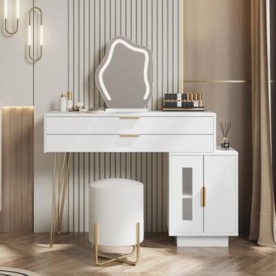 BTM Coiffeuse avec Miroir éclairé par LED, Ensemble de Coiffeuse Blanche au Design Extensible, Table cosmétique Moderne pour la Chambre, L100/H78/P40 cm (sans Tabouret) - Publicité BTM Coiffeuse avec Miroir éclairé par LED, Ensemble de Coiffeuse Blanche au Design Extensible, Table cosmétique Moderne pour la Chambre, L100/H78/P40 cm (sans Tabouret) - Publicité