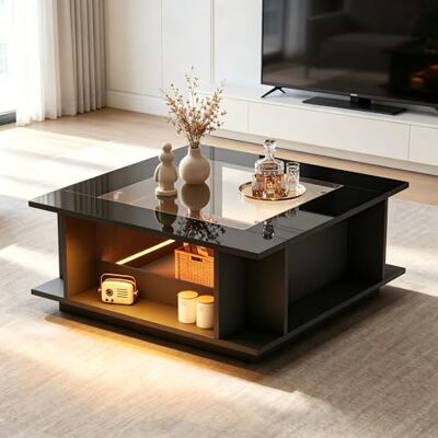BTM Table Basse carrée Noire 70x70x30 cm Plateau Verre trempé, Finition Haut Brillant avec éclairage LED, Panneau de Particules Charge Max 30kg Salon - Publicité BTM Table Basse carrée Noire 70x70x30 cm Plateau Verre trempé, Finition Haut Brillant avec éclairage LED, Panneau de Particules Charge Max 30kg Salon - Publicité