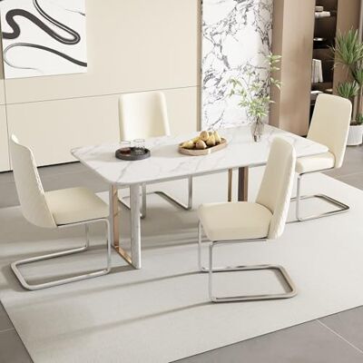 Merax Lot de 4 chaises cantilever, à bascule, en velours beige et argent, pieds de support métal, salon et chambre - Publicité Merax Lot de 4 chaises cantilever, à bascule, en velours beige et argent, pieds de support métal, salon et chambre - Publicité