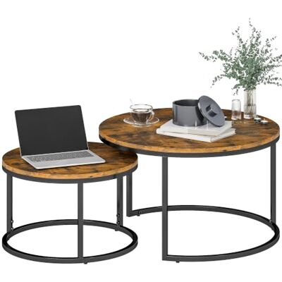 HOMCOM Lot de 2 Tables Basses Gigognes Empilable Brun Rustique Table Basse Ronde, Design Industriel, Pieds en Métal - Publicité HOMCOM Lot de 2 Tables Basses Gigognes Empilable Brun Rustique Table Basse Ronde, Design Industriel, Pieds en Métal - Publicité