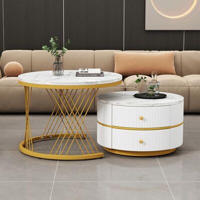 BTM Lot de 2 Tables Basses, Table Basse Aspect Faux Marbre avec Cadre en Métal, Table Basse Gigognes Ronde avec 2 Tiroirs, 60X60X46cm et 50x50x30.8cm, Chargde 30kg, Blanc et Or - Publicité BTM Lot de 2 Tables Basses, Table Basse Aspect Faux Marbre avec Cadre en Métal, Table Basse Gigognes Ronde avec 2 Tiroirs, 60X60X46cm et 50x50x30.8cm, Chargde 30kg, Blanc et Or - Publicité