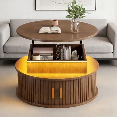 BTM Table Basse 75x75x52cm, Ronde, Hauteur Réglable, LED, 2 Portes Coulissantes, Teinte Noyer, Espace de Rangement Caché - Publicité BTM Table Basse 75x75x52cm, Ronde, Hauteur Réglable, LED, 2 Portes Coulissantes, Teinte Noyer, Espace de Rangement Caché - Publicité