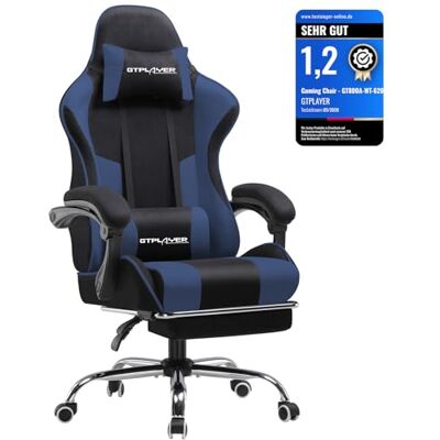 GTPLAYER Chaise de Gaming en Tissu Ergonomique avec Repose-Pieds Appuie-tête Coussin Lombaire Rembourré Pivotant, Supporte 150 kg, Bleu - Publicité GTPLAYER Chaise de Gaming en Tissu Ergonomique avec Repose-Pieds Appuie-tête Coussin Lombaire Rembourré Pivotant, Supporte 150 kg, Bleu - Publicité