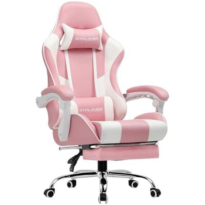 GTPLAYER Chaise de Jeu Ergonomique, avec Repose-Pieds, appuie-tête, Coussin Lombaire rembourré, pivotant, Supporte 150 kg, Rose - Publicité GTPLAYER Chaise de Jeu Ergonomique, avec Repose-Pieds, appuie-tête, Coussin Lombaire rembourré, pivotant, Supporte 150 kg, Rose - Publicité