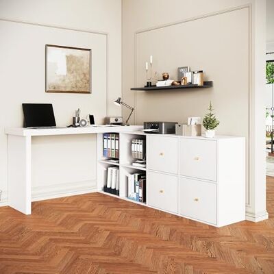 Merax Table d'angle 120 x 48 x 78 cm, avec plateau rotatif à 360°, en forme de L ou droit, 4 compartiments et 4 tiroirs, anti-basculement, pour bureau et bureau à domicile, blanc - Publicité Merax Table d'angle 120 x 48 x 78 cm, avec plateau rotatif à 360°, en forme de L ou droit, 4 compartiments et 4 tiroirs, anti-basculement, pour bureau et bureau à domicile, blanc - Publicité