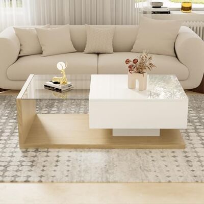 BTM Table Basse LED Moderne, en Verre, Table Basse Bois avec Tiroir Grand, Carrée, Charge de 30kg, 105x55x32.5cm, Blanc et Bois Naturel - Publicité BTM Table Basse LED Moderne, en Verre, Table Basse Bois avec Tiroir Grand, Carrée, Charge de 30kg, 105x55x32.5cm, Blanc et Bois Naturel - Publicité