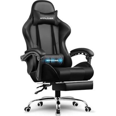 GTPLAYER Chaise de Jeu, Chaise de Bureau, Ergonomique, Fauteuil de Jeu avec Support Lombaire de Massage, Chaise de Travail avec Repose-Pieds et appuie-tête, Cuir synthétique, Supporte 150 kg, Noir - Publicité GTPLAYER Chaise de Jeu, Chaise de Bureau, Ergonomique, Fauteuil de Jeu avec Support Lombaire de Massage, Chaise de Travail avec Repose-Pieds et appuie-tête, Cuir synthétique, Supporte 150 kg, Noir - Publicité