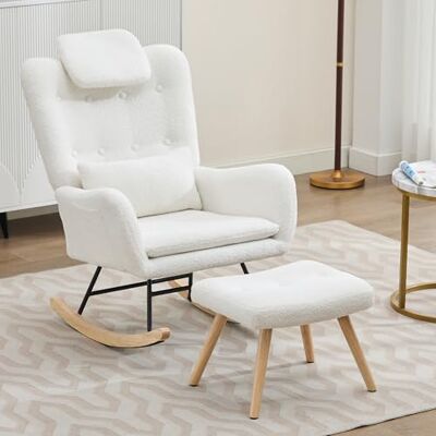 Merax Fauteuil à bascule avec tabouret Chaise relax ergonomique en velours Teddy avec accoudoirs, coussins de nuque et lombaires Pieds en bois Charge maximale : 100 kg Pour chambre à coucher - Publicité Merax Fauteuil à bascule avec tabouret Chaise relax ergonomique en velours Teddy avec accoudoirs, coussins de nuque et lombaires Pieds en bois Charge maximale : 100 kg Pour chambre à coucher - Publicité
