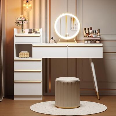 BTM Table À Maquillage avec Plateau Extensible, 6 Tiroirs Et Poignées Dorées, Miroir LED avec Lumière Réglable, Blanc, Dimensions: H102xB100xP41.5 cm (Tabouret Non Inclus) - Publicité BTM Table À Maquillage avec Plateau Extensible, 6 Tiroirs Et Poignées Dorées, Miroir LED avec Lumière Réglable, Blanc, Dimensions: H102xB100xP41.5 cm (Tabouret Non Inclus) - Publicité