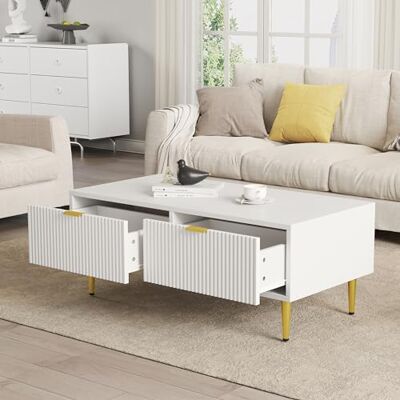 BTM Table Basse Moderne, Table Basse carrée avec 2 tiroirs, décorations dorées, Charge 50kg, 100x50x40 cm, Blanc - Publicité BTM Table Basse Moderne, Table Basse carrée avec 2 tiroirs, décorations dorées, Charge 50kg, 100x50x40 cm, Blanc - Publicité