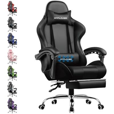 GTPLAYER Chaise Gaming, Fauteuil Gamer avec Massage Lombaire, Chaise de Gaming Repose-Pieds Rétractable, Dossier Inclinable à 135°, Siège Confortable en Cuir, Chaise Bureau, Charge 150 kg, Noir - Publicité GTPLAYER Chaise Gaming, Fauteuil Gamer avec Massage Lombaire, Chaise de Gaming Repose-Pieds Rétractable, Dossier Inclinable à 135°, Siège Confortable en Cuir, Chaise Bureau, Charge 150 kg, Noir - Publicité