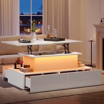Merax Table basse avec plateau réglable en hauteur, moderne table de salon brillante avec LED, table d'appoint avec 4 tiroirs, espace de rangement caché, table rectangulaire de milieu, table basse - Publicité Merax Table basse avec plateau réglable en hauteur, moderne table de salon brillante avec LED, table d'appoint avec 4 tiroirs, espace de rangement caché, table rectangulaire de milieu, table basse - Publicité