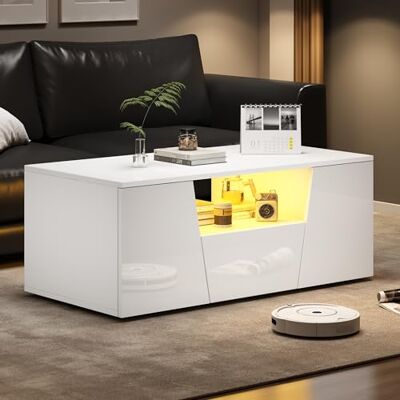 BTM Table Basse Haute Brillance Blanche 100x50x40 cm LED, 2 Armoires 1 Tiroir, Design Irrégulier - Publicité BTM Table Basse Haute Brillance Blanche 100x50x40 cm LED, 2 Armoires 1 Tiroir, Design Irrégulier - Publicité