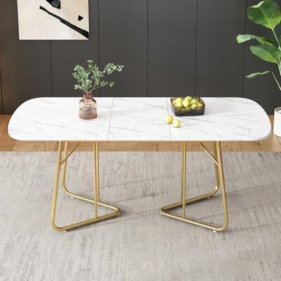Merax Table à manger extensible 140/180 x 80 cm, plateau en MDF avec pieds en métal, design moderne, table de cuisine pour 4 à 6 personnes, blanc aspect marbre - Publicité Merax Table à manger extensible 140/180 x 80 cm, plateau en MDF avec pieds en métal, design moderne, table de cuisine pour 4 à 6 personnes, blanc aspect marbre - Publicité
