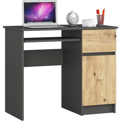 AKORD PIKSEL Petit bureau gris graphite 90 cm droite 1 porte 1 tiroir avant chêne artisan 3 étagères L90 x H50 x P77 cm - Publicité AKORD PIKSEL Petit bureau gris graphite 90 cm droite 1 porte 1 tiroir avant chêne artisan 3 étagères L90 x H50 x P77 cm - Publicité