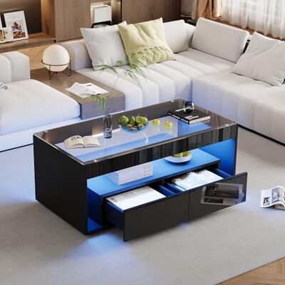 Merax Table Basse LED,Table Basse Noire Brillante,Table de Salon Design Moderne avec 16 Couleurs,100×50×40 cm, Double Plateau en Verre trempé, 2 tiroirs spacieux - Publicité Merax Table Basse LED,Table Basse Noire Brillante,Table de Salon Design Moderne avec 16 Couleurs,100×50×40 cm, Double Plateau en Verre trempé, 2 tiroirs spacieux - Publicité