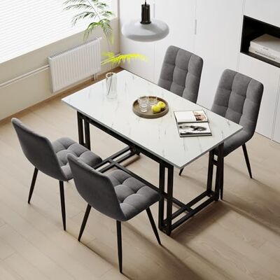 Merax Ensemble de table à manger rectangulaire avec 4 chaises de salle à manger modernes, chaises rembourrées en lin, structure en métal, pour salle à manger, cuisine, salon, noir et gris, 120 x 70 cm - Publicité Merax Ensemble de table à manger rectangulaire avec 4 chaises de salle à manger modernes, chaises rembourrées en lin, structure en métal, pour salle à manger, cuisine, salon, noir et gris, 120 x 70 cm - Publicité
