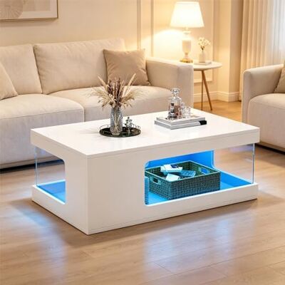 Merax Table Basse LED Blanche Brillante, Table de Salon Moderne avec Rangement Ouvert, Étagères en Verre Trempé, Table Basse Design pour Salon, 100 x 50 x 35 cm,Blanc - Publicité Merax Table Basse LED Blanche Brillante, Table de Salon Moderne avec Rangement Ouvert, Étagères en Verre Trempé, Table Basse Design pour Salon, 100 x 50 x 35 cm,Blanc - Publicité