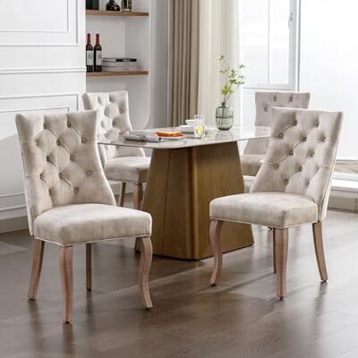 Merax FurnLAB Lot de 4 chaises de Salle à Manger élégantes à Dossier Haut avec revêtement en Velours Beige Clair et Structure en Bois Massif - Publicité Merax FurnLAB Lot de 4 chaises de Salle à Manger élégantes à Dossier Haut avec revêtement en Velours Beige Clair et Structure en Bois Massif - Publicité