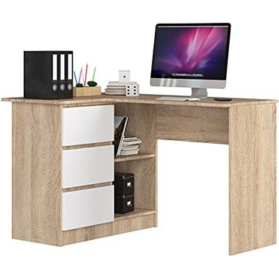 AKORD Bureau d'angle Table avec Meuble de Rangement intégré et modulable avec 3 tiroirs et 2 étagères L124 x H77 x P85 Fourniture Bureaus Couleur Chêne Sonoma/Blanc - Publicité AKORD Bureau d'angle Table avec Meuble de Rangement intégré et modulable avec 3 tiroirs et 2 étagères L124 x H77 x P85 Fourniture Bureaus Couleur Chêne Sonoma/Blanc - Publicité