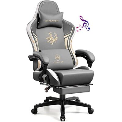 GTPLAYER Chaise Gaming, Ergonomique Chaise Bureau Dragon Series avec Haut-Parleur Bluetooth et Repose-Pieds Rétractable, Fauteuil pivotant en Cuir Joliment brodée, Inclinable, Supporte 150 kg, Gris - Publicité GTPLAYER Chaise Gaming, Ergonomique Chaise Bureau Dragon Series avec Haut-Parleur Bluetooth et Repose-Pieds Rétractable, Fauteuil pivotant en Cuir Joliment brodée, Inclinable, Supporte 150 kg, Gris - Publicité