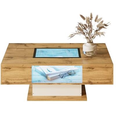 Merax Table basse 110 x 60 x 39,7 cm avec éclairage LED, plateau en verre, 2 tiroirs, table d'appoint avec LED changeant de couleur, compartiment de rangement ouvert, design moderne, couleur bois et - Publicité Merax Table basse 110 x 60 x 39,7 cm avec éclairage LED, plateau en verre, 2 tiroirs, table d'appoint avec LED changeant de couleur, compartiment de rangement ouvert, design moderne, couleur bois et - Publicité