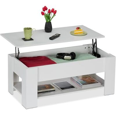 Relaxdays Table Basse avec Plateau relevable, 42x98x50 cm, Compartiment intérieur, Meuble de Salon, Moderne, Blanche - Publicité Relaxdays Table Basse avec Plateau relevable, 42x98x50 cm, Compartiment intérieur, Meuble de Salon, Moderne, Blanche - Publicité