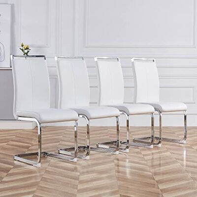 Merax Lot de 4 chaises de Salle à Manger avec Cuir synthétique de polyuréthane et Dossier Haut, Structure en métal chromé, Chaise de Cuisine Moderne, Chaise tapissée pour Salon, Salle de conférence - Publicité Merax Lot de 4 chaises de Salle à Manger avec Cuir synthétique de polyuréthane et Dossier Haut, Structure en métal chromé, Chaise de Cuisine Moderne, Chaise tapissée pour Salon, Salle de conférence - Publicité