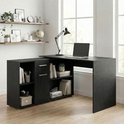 IDIMEX Bureau d'angle Carmen Table avec Meuble de Rangement intégré avec 4 étagères 1 Porte et 1 tiroir, décor béton foncé - Publicité IDIMEX Bureau d'angle Carmen Table avec Meuble de Rangement intégré avec 4 étagères 1 Porte et 1 tiroir, décor béton foncé - Publicité