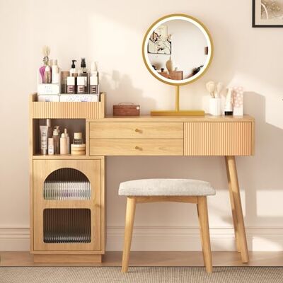 BTM Coiffeuse avec Miroir LED à Luminosité Réglable, Table de Maquillage en Bois avec 3 tiroirs sans Tabouret, Style Moderne, 120x90x40 cm, Bois - Publicité BTM Coiffeuse avec Miroir LED à Luminosité Réglable, Table de Maquillage en Bois avec 3 tiroirs sans Tabouret, Style Moderne, 120x90x40 cm, Bois - Publicité