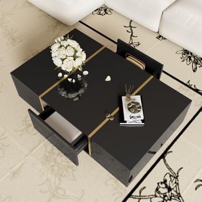 BTM Table Basse Rectangulaire, Table de Salon avec 2 Tiroirs, Table Basse en Bois avec des Lignes Dorées, Charge de 60kg, 100x60x41.5cm, Noir - Publicité BTM Table Basse Rectangulaire, Table de Salon avec 2 Tiroirs, Table Basse en Bois avec des Lignes Dorées, Charge de 60kg, 100x60x41.5cm, Noir - Publicité