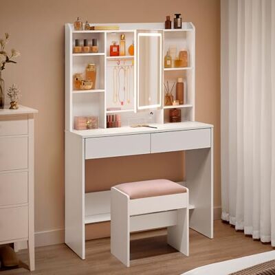 VASAGLE Kailyn Collection Coiffeuse avec Miroir LED et Tabouret, 3 Couleurs, Luminosité Réglable, Table de Maquillage, Grand, Étagère Réglable, 2 Tiroirs, Style Moderne, Blanc RDT723W01 - Publicité VASAGLE Kailyn Collection Coiffeuse avec Miroir LED et Tabouret, 3 Couleurs, Luminosité Réglable, Table de Maquillage, Grand, Étagère Réglable, 2 Tiroirs, Style Moderne, Blanc RDT723W01 - Publicité