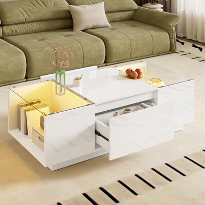 Merax Table basse moderne 105 x 50 x 35 cm avec LED, 16 couleurs, plateau en verre, 2 tiroirs, pour salon, blanc - Publicité Merax Table basse moderne 105 x 50 x 35 cm avec LED, 16 couleurs, plateau en verre, 2 tiroirs, pour salon, blanc - Publicité